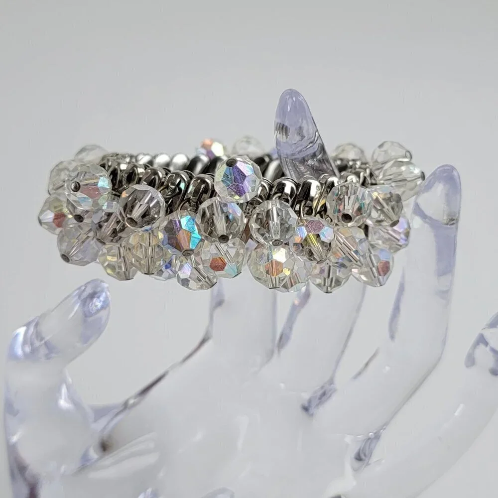 Vtg. Mid Century 50's Silver-Tone Clear Crystal Bead Charm Expandable Bracelet